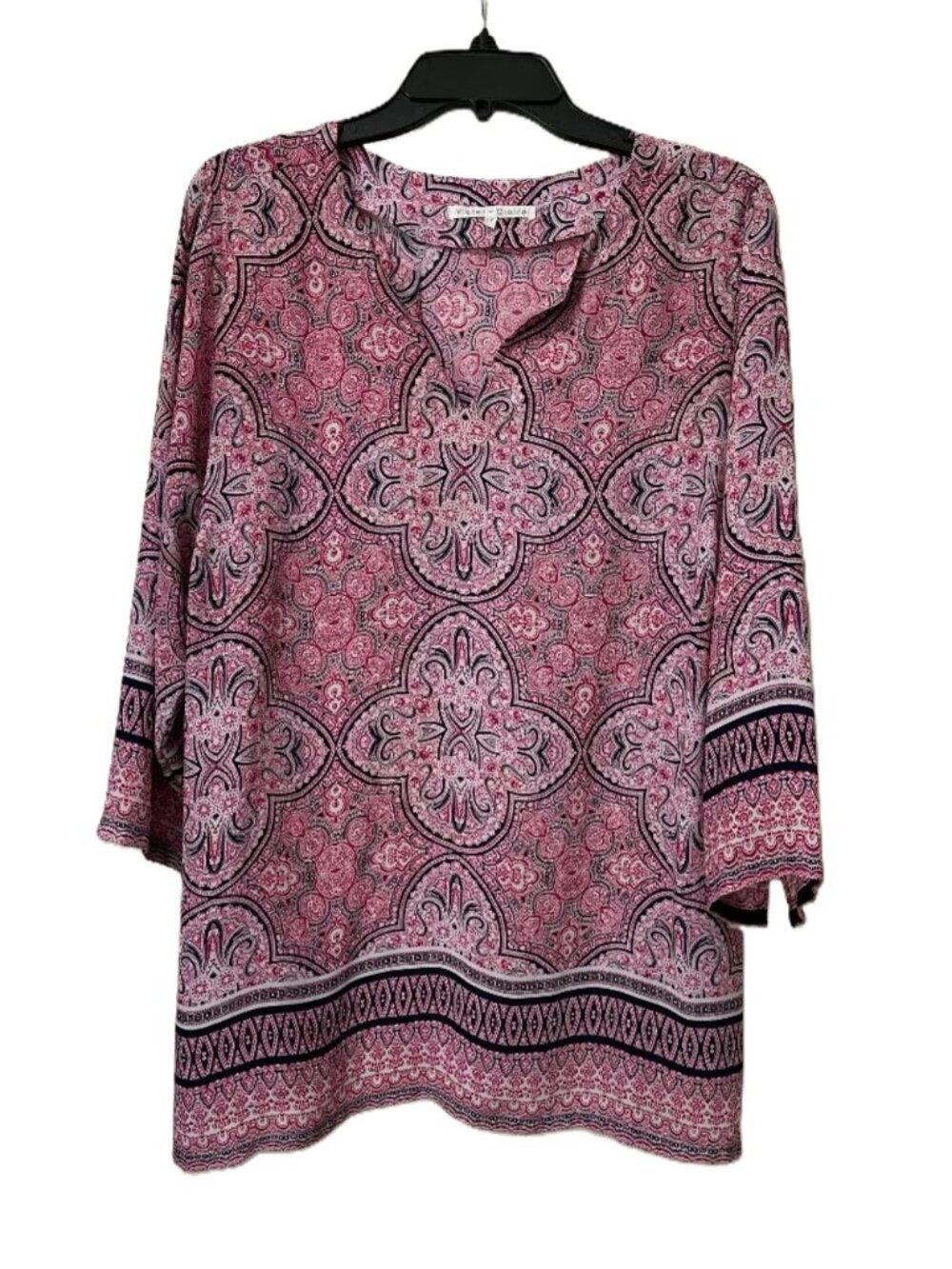 Violet and Claire Pinks and Black Geometric Print 3/4 Sleeves Tunic Top Size 1X